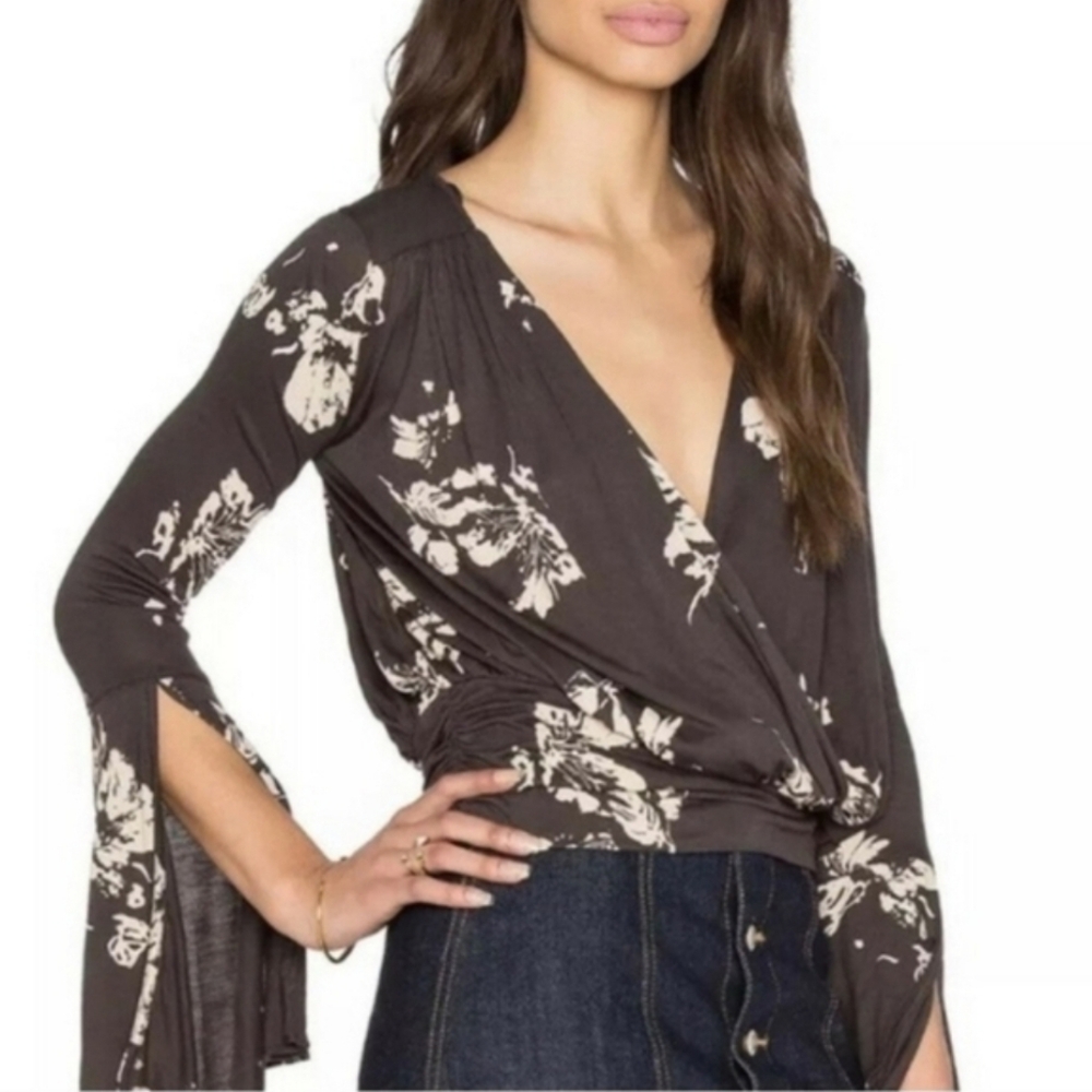 FP Brown/Cream Fiona Floral Surplice Bell Sleeved Wrap Top, Size M ~ EUC